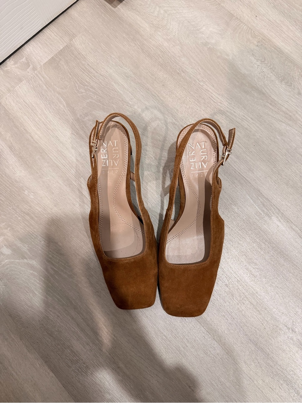 Naturalizer Tan Suede Square-Toe Slingback Heels